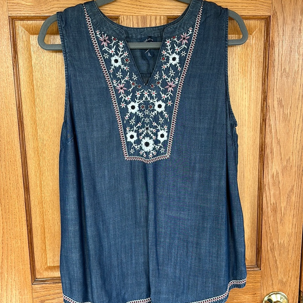 J. Jill Denim Chambray Tank with Floral Embroidered Trim